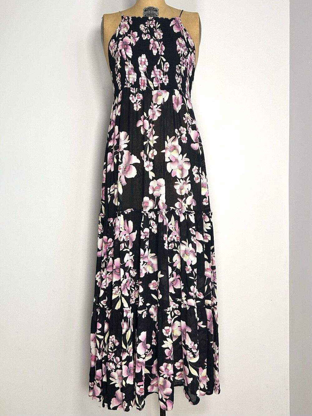 Intimately Free People Maxi Dress M Black Pink Floral Smocked Tiered Boho
